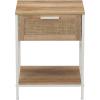 Household Essentials Bungalow Rectangular Console Sofa Table with Storage Shelf and 2 Drawers Black Oak Wood Grain Woven Front and Black Metal(Coastal Oak Finish)