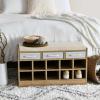 Household Essentials Entryway Storage Bench with 3 Beige Drawers 10 Shoe Compartments and Cushioned Seat in Coastal Oak Rustic Wood Grain(Coastal Oak Finish)