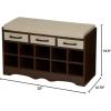 Household Essentials Entryway Storage Bench with 3 Beige Drawers 10 Shoe Compartments and Cushioned Seat in Coastal Oak Rustic Wood Grain(Walnut Wood Finish/Beige)