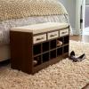 Household Essentials Entryway Storage Bench with 3 Beige Drawers 10 Shoe Compartments and Cushioned Seat in Coastal Oak Rustic Wood Grain(Walnut Wood Finish/Beige)