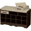 Household Essentials Entryway Storage Bench with 3 Beige Drawers 10 Shoe Compartments and Cushioned Seat in Coastal Oak Rustic Wood Grain(Walnut Wood Finish/Beige)