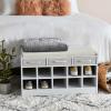 Household Essentials Entryway Storage Bench with 3 Beige Drawers 10 Shoe Compartments and Cushioned Seat in Coastal Oak Rustic Wood Grain(White)