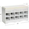 Household Essentials Entryway Storage Bench with 3 Beige Drawers 10 Shoe Compartments and Cushioned Seat in Coastal Oak Rustic Wood Grain(White)
