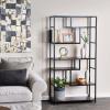 Household Essentials Jamestown Tall 6 Shelf Open Storage Bookshelf Black Oak Wood Grain and Black Metal(Brown)