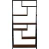 Household Essentials Jamestown Tall 6 Shelf Open Storage Bookshelf Black Oak Wood Grain and Black Metal(Brown)