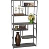 Household Essentials Jamestown Tall 6 Shelf Open Storage Bookshelf Black Oak Wood Grain and Black Metal(Grey)