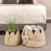 Household Essentials Round Handwoven Corn Leaf Basket Set of 2 with Plastic Liner, Natural with Black Accents
