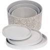 Household Essentials Round Hat Boxes with Lids, Vibrant Scallop Print with Faux Leather Lids, Poly-Cotton and Non-Woven PP Liner, Large, Medium and Small, Stackable and Nestable, Olive and Cream(Olive)