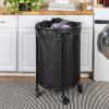 Household Essentials Round Laundry Hamper, Metal Frame with Wheels, Heavy Duty and Commercial-Grade, Black Polyester Bag, Great For Both Residential and Commercial Use(Black/Black)
