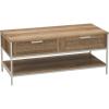 Household Essentials Bungalow Rectangular Coffee Table with Storage Shelf and 2 Drawers Coastal Oak Rustic Wood Grain Woven Front and White Metal