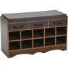 Household Essentials Entryway Storage Bench with 3 Beige Drawers 10 Shoe Compartments and Cushioned Seat in Coastal Oak Rustic Wood Grain(Walnut Wood Finish/Grey)