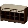 Household Essentials Entryway Storage Bench with 3 Beige Drawers 10 Shoe Compartments and Cushioned Seat in Coastal Oak Rustic Wood Grain(Walnut Wood Finish/Beige)
