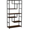 Household Essentials Jamestown Tall 6 Shelf Open Storage Bookshelf Black Oak Wood Grain and Black Metal(Brown)