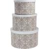 Household Essentials Round Hat Boxes with Lids, Vibrant Scallop Print with Faux Leather Lids, Poly-Cotton and Non-Woven PP Liner, Large, Medium and Small, Stackable and Nestable, Olive and Cream(Olive)