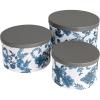 Household Essentials Round Hat Boxes with Lids, Vibrant Scallop Print with Faux Leather Lids, Poly-Cotton and Non-Woven PP Liner, Large, Medium and Small, Stackable and Nestable, Olive and Cream(Blue Floral)