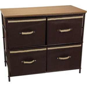 Household Essentials 2-Tier Storage Chest of Drawers Bronze Frame Wood Grain Top and 4 Brown Storage Bins with Natural Jute Trim