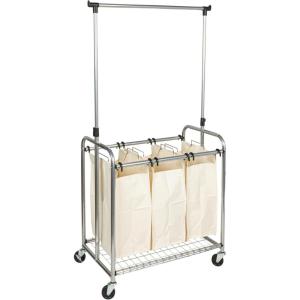 Household Essentials 3-Bag Laundry Sorter with Clothes Rack, Silver, Lightweight, Removable, Sturdy