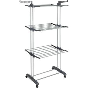Household Essentials 4 Tier Stainless Steel Laundry Drying Rack with Two Side Wings, Grey