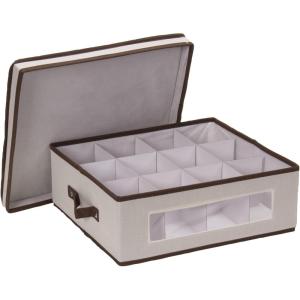 Household Essentials 538 Vision China Storage Box for Tea Cups and Mugs with Lid and Handles | Natural Canvas with Brown Trim(Natural)