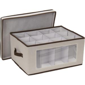 Household Essentials Balloon Wine Glass Storage Box, Strong Frame and Handles, Windowed Panel, Fully Removable Lid, Stackable and Foldable, Perfect for Wider Stemware, Gray(Natural)