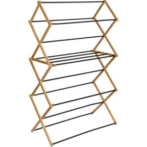 Household Essentials Bamboo Folding Clothes Drying Rack | Large Capacity, 14 Coated Metal Dowels, 28 Feet of Drying Space | Eco-Friendly, Collapsible Indoor Rack for Apartments, Homes & Dorms(Natural/Black)