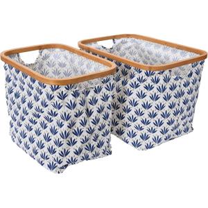 Household Essentials Bamboo Rimmed Krush Hamper with Cutout Handles, Set of 2 Sizes, Blue Cacti
