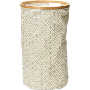 Household Essentials Bamboo Rimmed Round Krush Hamper with Cutout Handles, Black and White(Tan Chevron)