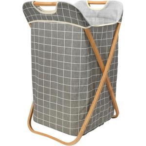 Household Essentials Bamboo X Frame Hamper with Grid Pattern, Gray(Plaid)