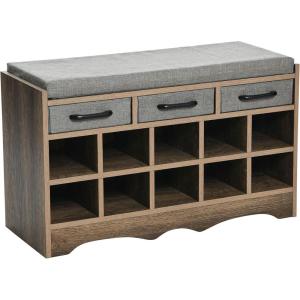 Household Essentials Entryway Storage Bench with 3 Beige Drawers 10 Shoe Compartments and Cushioned Seat in Coastal Oak Rustic Wood Grain(Ashwood Finish)