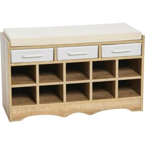 Household Essentials Entryway Storage Bench with 3 Beige Drawers 10 Shoe Compartments and Cushioned Seat in Coastal Oak Rustic Wood Grain(Coastal Oak Finish)