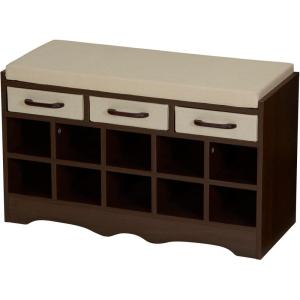 Household Essentials Entryway Storage Bench with 3 Beige Drawers 10 Shoe Compartments and Cushioned Seat in Coastal Oak Rustic Wood Grain(Walnut Wood Finish/Beige)