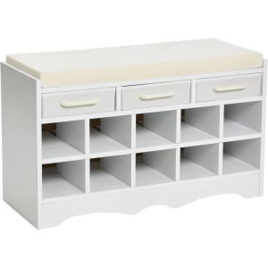 Household Essentials Entryway Storage Bench with 3 Beige Drawers 10 Shoe Compartments and Cushioned Seat in Coastal Oak Rustic Wood Grain(White)
