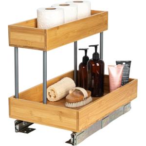 Household Essentials Glidez Bamboo and Steel Pull-Out/Slide-Out Storage Organizer for Under Cabinet Use – 1-Tier Design – Fits Standard Size Cabinet or Shelf, Natural(Undersink)