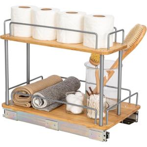Household Essentials Glidez Bamboo and Steel Pull-Out/Slide-Out Storage Organizer for Under Cabinet Use – 1-Tier Design – Fits Standard Size Cabinet or Shelf, Natural(Steel Rim Undersink)