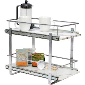 Household Essentials Glidez Chrome-Plated Steel and Faux Marble Pull-Out/Slide-Out Storage Organizer for Under Sink or Cabinet – 2-Tier Design – Fits Standard Size Cabinet or Shelf, White and Chrome(Dual Slide)