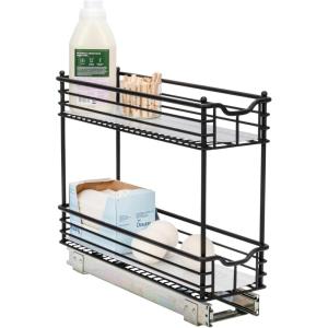 Household Essentials Glidez Powder-Coated Steel Pull-Out/Slide-Out Basket Storage Organizer for Under Sink or Under Cabinet Use – 2-Tier Design – Fits Standard Size Cabinet or Shelf, White(Black)
