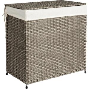 Household Essentials Handwoven Laundry Hamper, Synthetic Rattan Clothes Laundry Basket with Lid and Handles, Gray