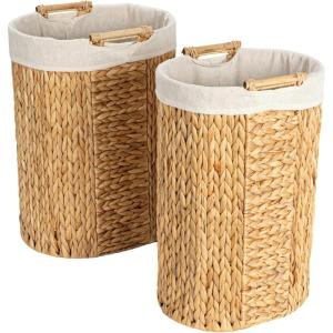 Household Essentials Handwoven Water Hyacinth Oval Hamper Set with Cotton Lining, Natural, Set of 2