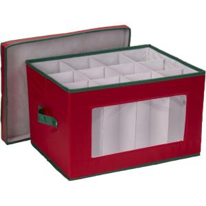 Household Essentials Holiday Stemware Storage Box, Windowed Storage with Lid, 12 Storage Compartments, Double Handles, Perfect for Storing Special Occasion Glassware, Red with Green Trim(Red)