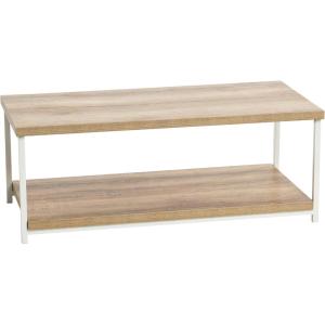 Household Essentials Jamestown Rectangular Coffee Table with Storage Shelf Coastal Oak Rustic Wood Grain and White Metal(Distressed White)
