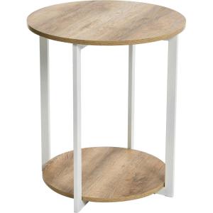 Household Essentials Jamestown Round Side End Table with Storage Shelf Mid Century Walnut Wood Grain and Black Metal(Coastal Oak)