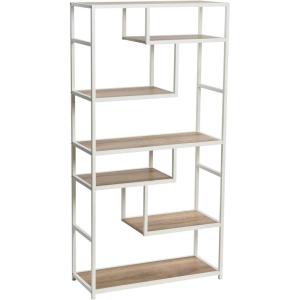 Household Essentials Jamestown Tall 6 Shelf Open Storage Bookshelf Black Oak Wood Grain and Black Metal(Distressed White)