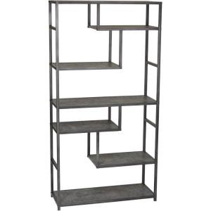 Household Essentials Jamestown Tall 6 Shelf Open Storage Bookshelf Black Oak Wood Grain and Black Metal(Grey)