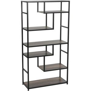 Household Essentials Jamestown Tall 6 Shelf Open Storage Bookshelf Black Oak Wood Grain and Black Metal(Taupe)