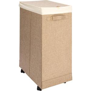 Household Essentials Narrow Collapsible Laundry Hamper with Liner and Lid, Silver(Latte)