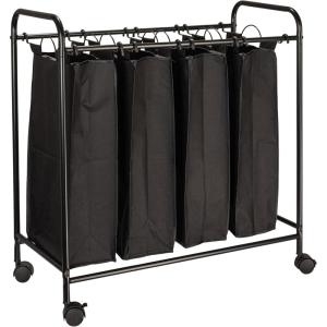 Household Essentials Rolling Laundry Sorter, 4 Bag Laundry Sorter Cart with Washable and Removable Bags, White(Black/Black)