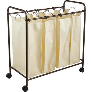 Household Essentials Rolling Laundry Sorter, 4 Bag Laundry Sorter Cart with Washable and Removable Bags, White(Natural/Bronze)