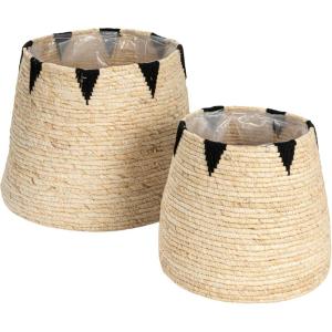 Household Essentials Round Handwoven Corn Leaf Basket Set of 2 with Plastic Liner, Natural with Black Accents