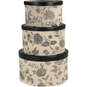 Household Essentials Round Hat Boxes with Lids, Vibrant Scallop Print with Faux Leather Lids, Poly-Cotton and Non-Woven PP Liner, Large, Medium and Small, Stackable and Nestable, Olive and Cream(Floral)