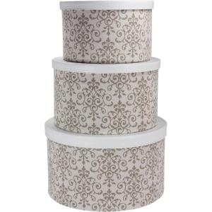 Household Essentials Round Hat Boxes with Lids, Vibrant Scallop Print with Faux Leather Lids, Poly-Cotton and Non-Woven PP Liner, Large, Medium and Small, Stackable and Nestable, Olive and Cream(Olive)